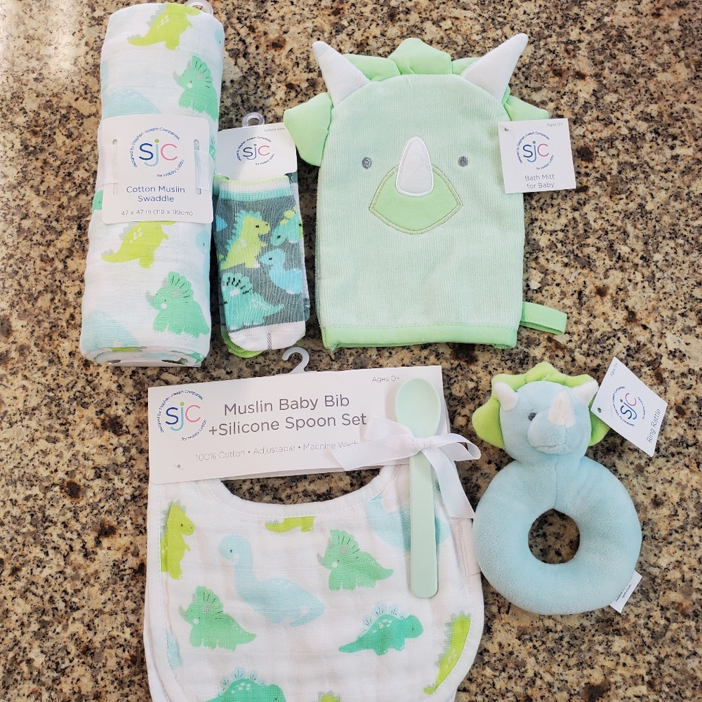 Baby boy  dinosaur blanket rattle,socks,bibs,hand towel, teething cloth